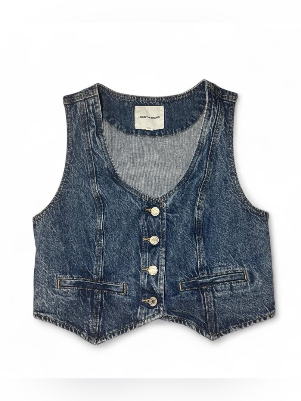 Western cowgirl Lucky Brand cotton blue denim vest with button-up front small☮️